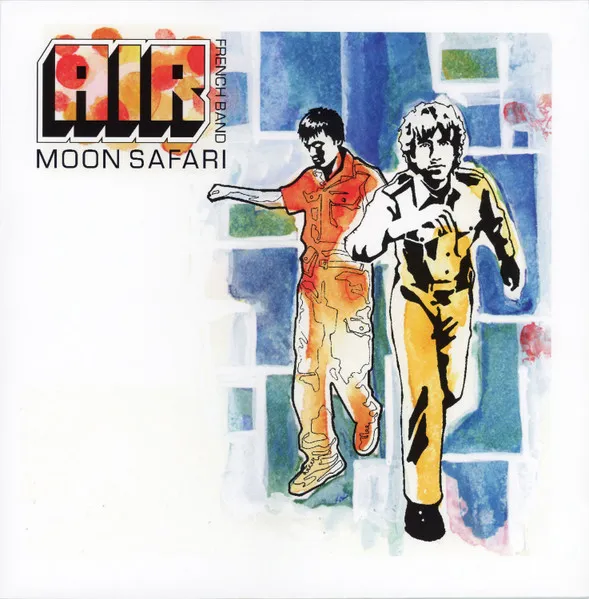 A loose watercolor and ink illustration of two young men striding forward — one in an orange shirt, the other in yellow overalls — against a patchwork of blue, teal and orange brushed squares, with a bold outlined logo block in the upper left corner.