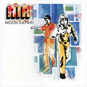 A loose watercolor and ink illustration of two young men striding forward — one in an orange shirt, the other in yellow overalls — against a patchwork of blue, teal and orange brushed squares, with a bold outlined logo block in the upper left corner.