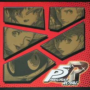 A red halftone-dotted cover split into angular comic-style panels showing close-up anime character faces in muted gold and black tones, with a stylized white and red logo in the lower right corner.