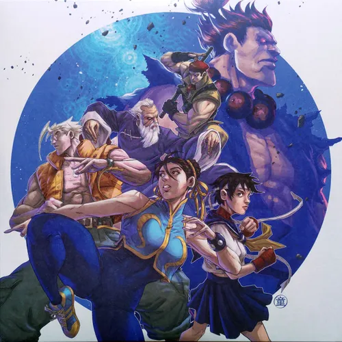 Painted illustration of six Street Fighter-style martial artists posed in a dynamic group against a large blue circle on a white background, rendered in a manga-influenced style with a blue, purple, and orange palette.
