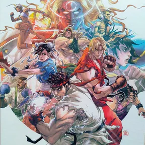 A vibrant manga-style illustration on an off-white square sleeve, showing a dynamic collage of Street Fighter characters — Ryu firing a glowing hadouken in the foreground, with Ken, Chun-Li, Alex, Dhalsim and others radiating outward in bold reds, blues and oranges.