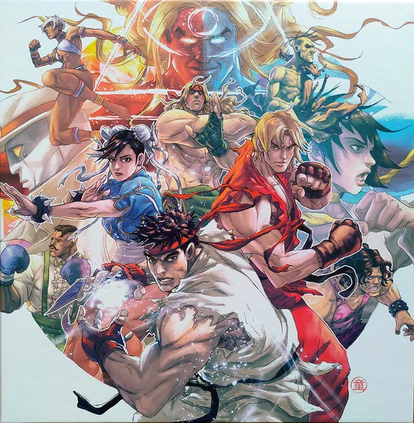 A vibrant manga-style illustration on an off-white square sleeve, showing a dynamic collage of Street Fighter characters — Ryu firing a glowing hadouken in the foreground, with Ken, Chun-Li, Alex, Dhalsim and others radiating outward in bold reds, blues and oranges.