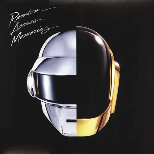 Against a black background, two glossy robot helmets — one silver and one gold — are merged into a single face, split vertically down the middle, with flowing white handwritten script in the upper left corner.