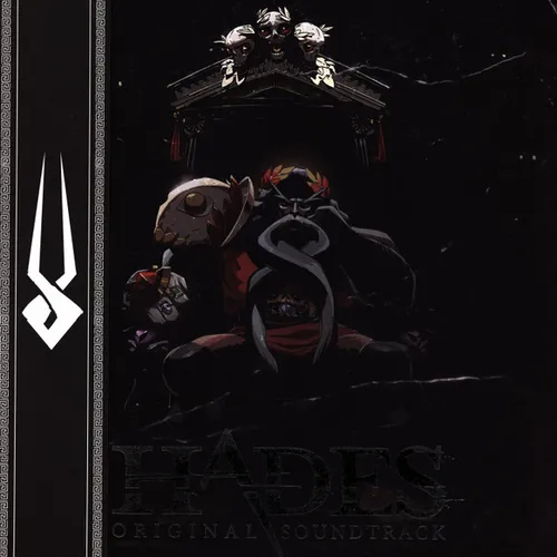 A dark, shadowy illustration of a horned, laurel-crowned figure seated on a throne beneath a skull-adorned Greek pediment, rendered in near-black tones with red and gold accents, framed by a Greek key border and a white trident-like emblem on the left.