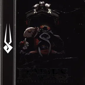 A dark, shadowy illustration of a horned, laurel-crowned figure seated on a throne beneath a skull-adorned Greek pediment, rendered in near-black tones with red and gold accents, framed by a Greek key border and a white trident-like emblem on the left.