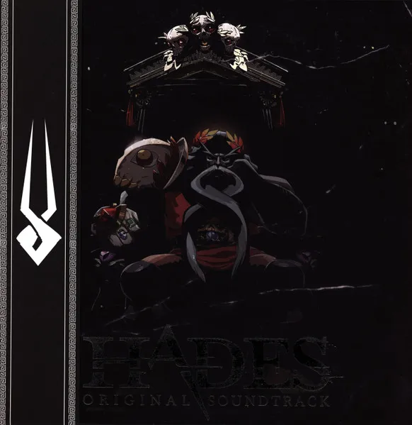 A dark, shadowy illustration of a horned, laurel-crowned figure seated on a throne beneath a skull-adorned Greek pediment, rendered in near-black tones with red and gold accents, framed by a Greek key border and a white trident-like emblem on the left.