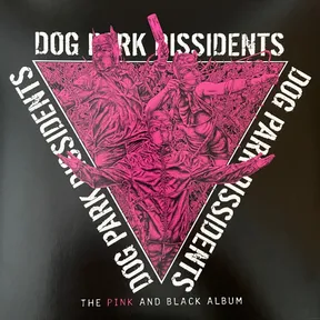 A black cover featuring a downward-pointing triangle filled with a magenta-tinted, high-contrast illustration of three figures in gas masks and hooded fetish gear raising their arms, framed by white block lettering repeated along the triangle's edges.