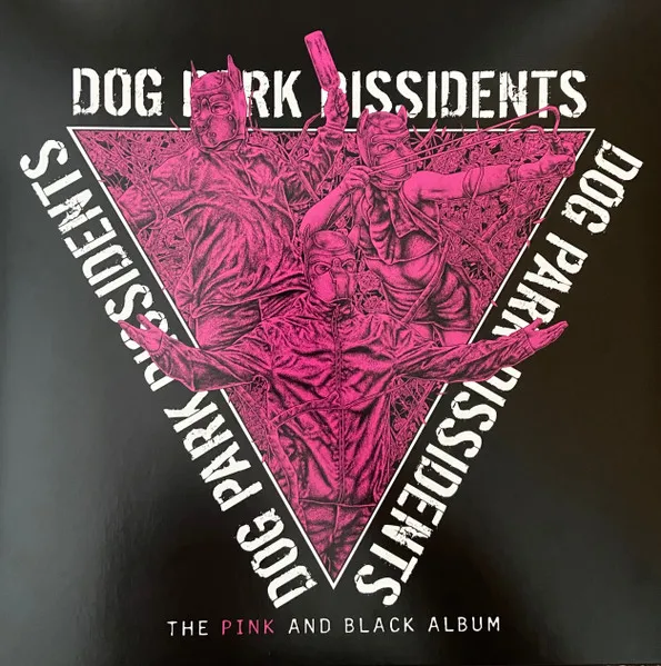 A black cover featuring a downward-pointing triangle filled with a magenta-tinted, high-contrast illustration of three figures in gas masks and hooded fetish gear raising their arms, framed by white block lettering repeated along the triangle's edges.