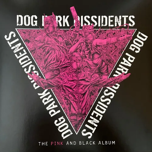 A black cover featuring a downward-pointing triangle filled with a magenta-tinted, high-contrast illustration of three figures in gas masks and hooded fetish gear raising their arms, framed by white block lettering repeated along the triangle's edges.
