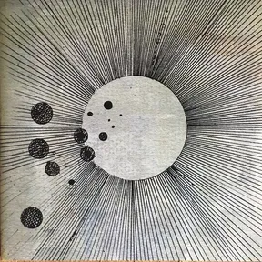 A black-and-white pen-and-ink drawing of a large pale circle radiating dense hand-drawn rays like a sun, with a scattering of small dark dots and speckled spheres trailing off to the lower left across a textured off-white background.
