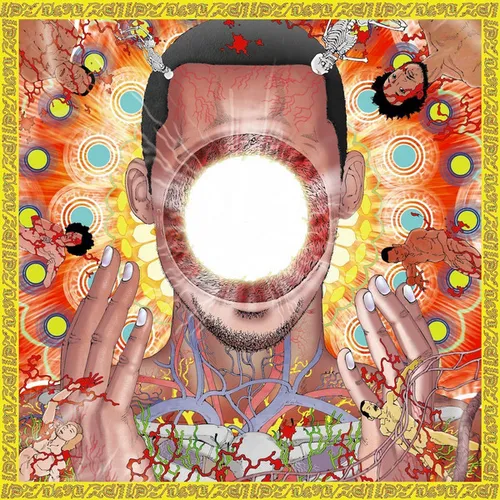A surreal psychedelic collage of a man's face with a blazing white void where his eyes and nose should be, hands raised beside him and exposed veins across his neck, set against an explosive orange starburst dotted with circular motifs and small floating figures, framed by a yellow patterned border.