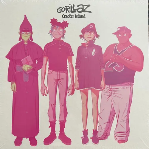 Four stylized cartoon figures — a robed person in a pointed hood, a lanky blue-haired man, a young woman in a beret and sweater dress, and a burly man in a cap and tank top — stand in a row against a plain background, rendered entirely in shades of pink and magenta.