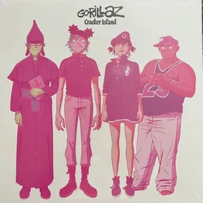 Four stylized cartoon figures — a robed person in a pointed hood, a lanky blue-haired man, a young woman in a beret and sweater dress, and a burly man in a cap and tank top — stand in a row against a plain background, rendered entirely in shades of pink and magenta.