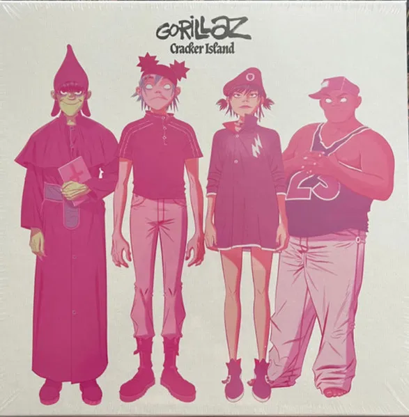 Four stylized cartoon figures — a robed person in a pointed hood, a lanky blue-haired man, a young woman in a beret and sweater dress, and a burly man in a cap and tank top — stand in a row against a plain background, rendered entirely in shades of pink and magenta.