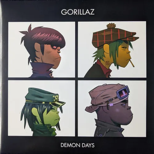 Four cartoon character portraits in profile — a red-haired figure, a green-haired one in a plaid cap smoking, a green-skinned figure in a naval cap, and a purple-skinned one with a helmet and goggles — arranged in a 2×2 grid of white panels on a black background.