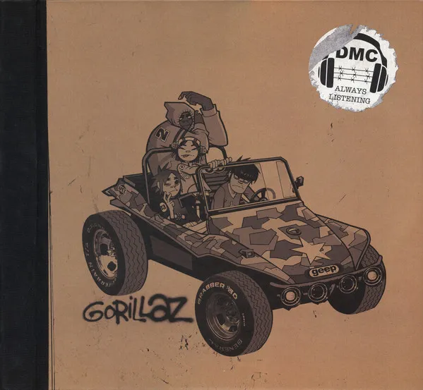 On a tan cardboard-textured background with a black spine strip, a monochrome comic-style illustration shows four cartoon band members riding in a camouflage-painted dune buggy, with hand-lettered text below and a torn circular "DMC Always Listening" sticker in the top right corner.