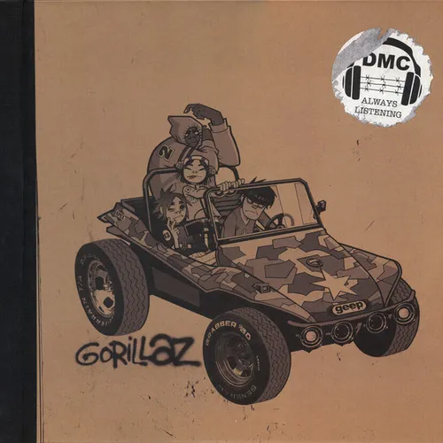 On a tan cardboard-textured background with a black spine strip, a monochrome comic-style illustration shows four cartoon band members riding in a camouflage-painted dune buggy, with hand-lettered text below and a torn circular "DMC Always Listening" sticker in the top right corner.