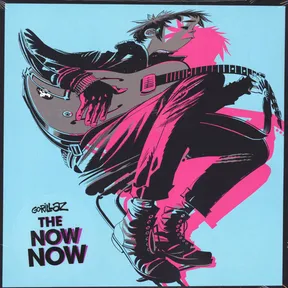 A stylized comic-book illustration on a pale blue background shows a spiky-haired figure in a leather jacket and boots leaning back mid-solo with an electric guitar, rendered in bold black linework with hot pink offset shadows.