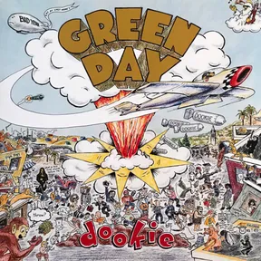 A busy hand-drawn cartoon illustration in colored pencil and ink shows a fighter jet dropping bombs labeled "dookie" over a chaotic, densely packed cityscape crowd, with a blimp, monkeys, and clouds framing large blocky lettering above and bubbly red lettering below.