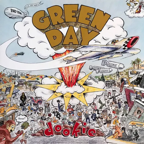 A busy hand-drawn cartoon illustration in colored pencil and ink shows a fighter jet dropping bombs labeled "dookie" over a chaotic, densely packed cityscape crowd, with a blimp, monkeys, and clouds framing large blocky lettering above and bubbly red lettering below.
