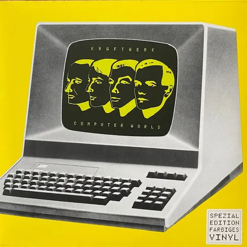 A vintage grey computer terminal with keyboard sits against a bright yellow background, its screen displaying four stylized yellow-and-black profile portraits of men in a row, framed by dotted-matrix lettering above and below.