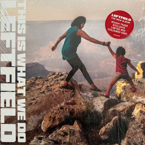 A woman in a teal top and black leggings stretches out her arm to hold a child's hand as they step across rocky canyon-edge terrain under a hazy sky, in warm muted earth tones.