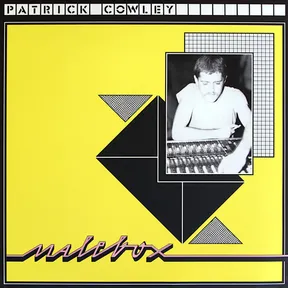 A bright yellow album cover with black geometric triangles and a grid pattern framing a black-and-white photograph of a young man with a mustache working at an analog mixing console, with cursive script lettering across the lower left.