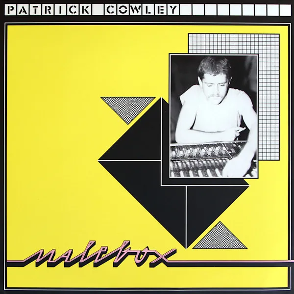 A bright yellow album cover with black geometric triangles and a grid pattern framing a black-and-white photograph of a young man with a mustache working at an analog mixing console, with cursive script lettering across the lower left.