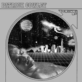 A grayscale, high-contrast halftone collage inside a large circle showing a starry cosmic sky with planets and a comet above a city skyline set on a receding grid landscape, with a reclining classical statue's head at the lower left, framed by bracket-like lines on a gray background.