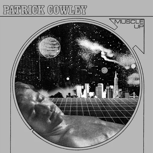 A grayscale, high-contrast halftone collage inside a large circle showing a starry cosmic sky with planets and a comet above a city skyline set on a receding grid landscape, with a reclining classical statue's head at the lower left, framed by bracket-like lines on a gray background.