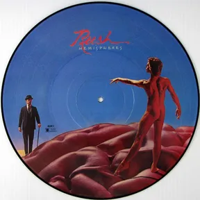 A picture-disc vinyl record showing a surreal painted scene against a blue sky: a nude figure stands with arm outstretched atop a vast red-pink brain-like landscape, while a bowler-hatted man in a dark suit with a cane stands on the horizon at left, with red script lettering at the top.