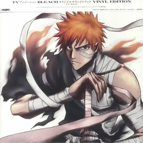 An orange-haired anime warrior in tattered white robes and bandaged arms grips a large sword, set against a white background with swirling black smoke and flowing cloth, rendered in a detailed manga illustration style.