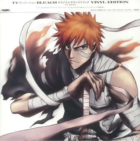 An orange-haired anime warrior in tattered white robes and bandaged arms grips a large sword, set against a white background with swirling black smoke and flowing cloth, rendered in a detailed manga illustration style.