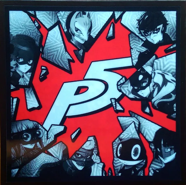 A framed square print with a bold red starburst at its center bearing a large white "P5" logo, surrounded by shattered panels showing grayscale anime characters in masks and stylish outfits against patterned backgrounds.