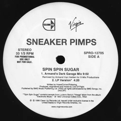 A purely typographic black-and-white vinyl record label, with a white circular center bearing bold grey and black text, two small logos at the top, and a black spindle hole in the middle against a black background.