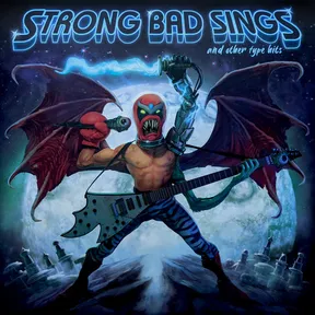 A muscular, red-masked luchador-style monster with bat wings, a robotic arm holding a microphone, and blue zebra-striped pants stands astride a rocky graveyard hill, backlit by a huge full moon in a starry night sky, rendered in dramatic airbrushed metal-poster style with a blue and teal palette.