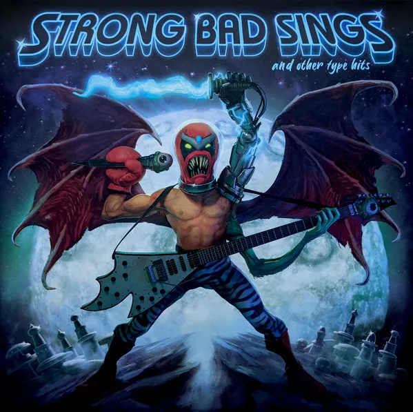 A muscular, red-masked luchador-style monster with bat wings, a robotic arm holding a microphone, and blue zebra-striped pants stands astride a rocky graveyard hill, backlit by a huge full moon in a starry night sky, rendered in dramatic airbrushed metal-poster style with a blue and teal palette.