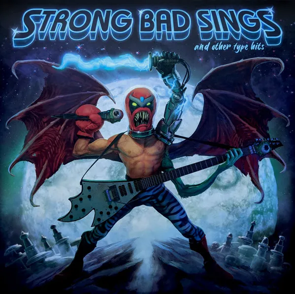 A muscular, red-masked luchador-style monster with bat wings, a robotic arm holding a microphone, and blue zebra-striped pants stands astride a rocky graveyard hill, backlit by a huge full moon in a starry night sky, rendered in dramatic airbrushed metal-poster style with a blue and teal palette.
