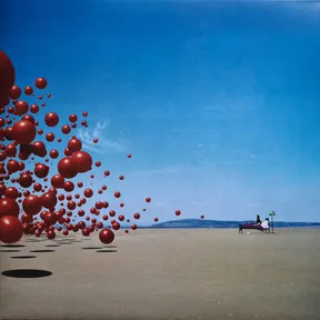 A surreal photographic scene of a vast pale beach under a deep blue sky, where a swarm of glossy red spheres tumbles in from the left casting dark round shadows, while a lone figure reclines on a bed beside a lamp at the right.