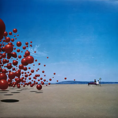 A surreal photographic scene of a vast pale beach under a deep blue sky, where a swarm of glossy red spheres tumbles in from the left casting dark round shadows, while a lone figure reclines on a bed beside a lamp at the right.
