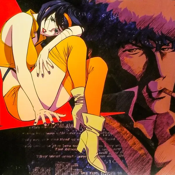 Anime-style illustration of a dark-haired woman in a yellow outfit and boots crouching against a red background on the left, beside a purple-toned close-up of a spiky-haired man smoking a cigarette on the right, with faint embossed text across the lower portion.