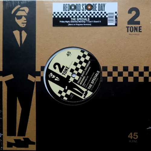 A brown cardboard-style sleeve with a black cut-out illustration of a suited rude boy in sunglasses and porkpie hat down the left side, black-and-white checkerboard banding, and a shrink-wrapped die-cut window revealing the cream and black record label at center.