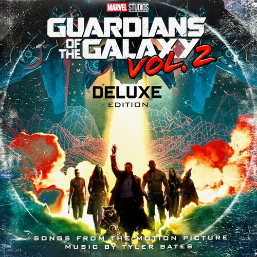 A weathered vinyl-style sleeve showing five silhouetted heroes and a small raccoon striding forward out of orange fireballs and teal cosmic haze, with distressed white and red block lettering stacked above them.
