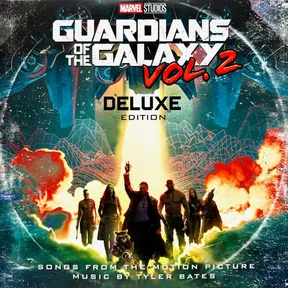 A weathered vinyl-style sleeve showing five silhouetted heroes and a small raccoon striding forward out of orange fireballs and teal cosmic haze, with distressed white and red block lettering stacked above them.