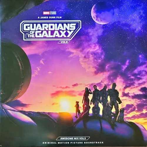 A group of silhouetted figures, including a raccoon and a tree-like creature, stand atop a curved rocky ledge against a vivid purple, pink and orange cloud-filled sky with a large planet and starfield above.
