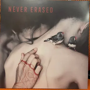 A muted, desaturated photograph of two bare-skinned figures embracing, with two zebra finches perched on a shoulder and a hand tangled in scribbled red thread, under thin red capital lettering at the top.